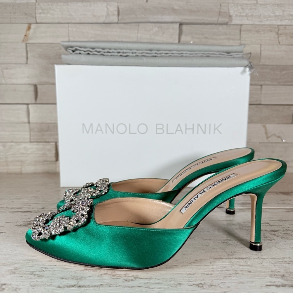 Manolo Blahnik Size 36 Green Hangisi Hangisimu Heeled Mules Satin 70MM NEW - Picture 7 of 16